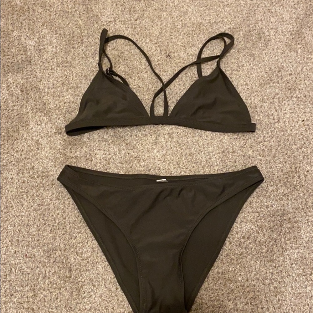 Two piece army green swimsuit.